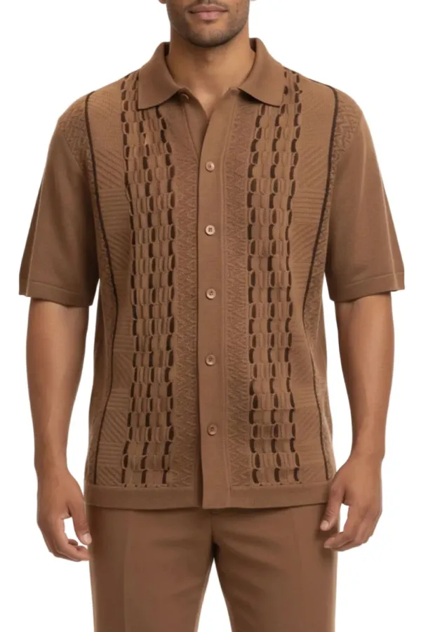 Taupe Relaxed Fit Textured Short Sleeve Walking Suit Set