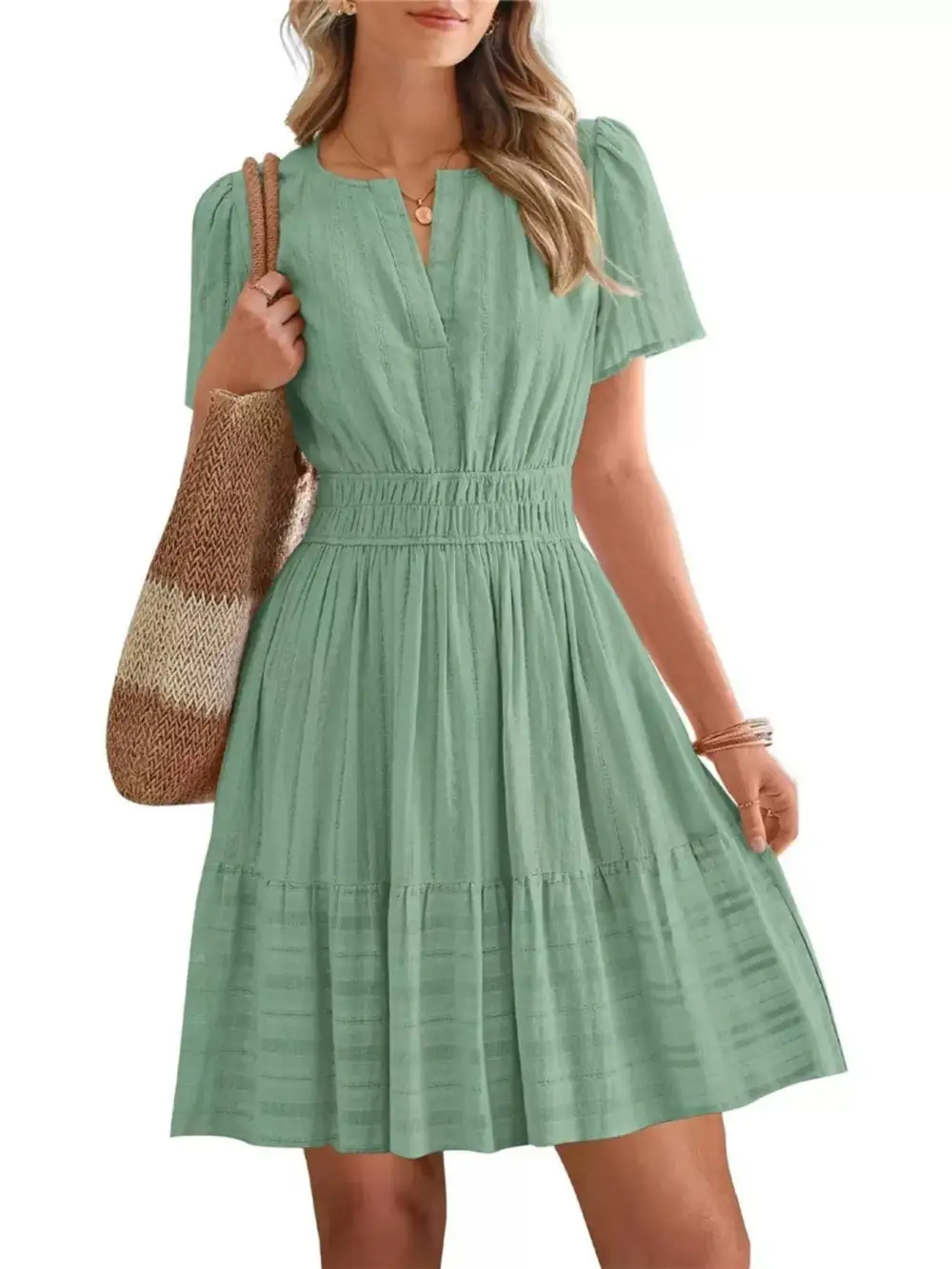 Tiered Smocked Short Sleeve Casual Dress