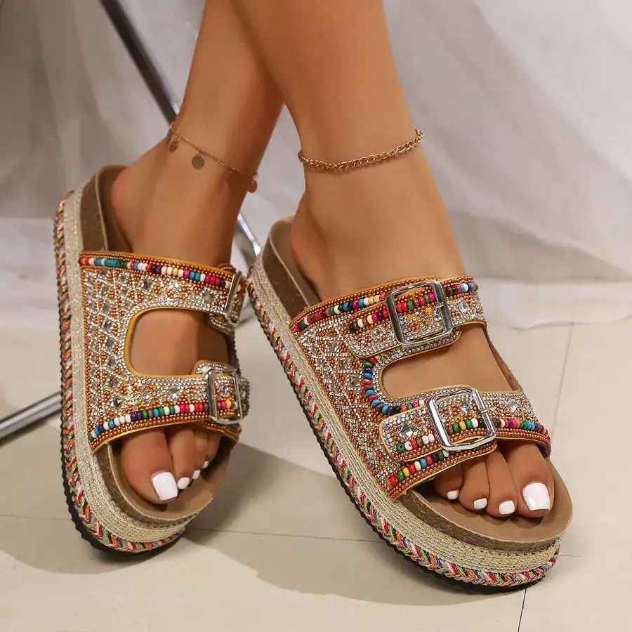 Beaded Buckle Platform Sandals