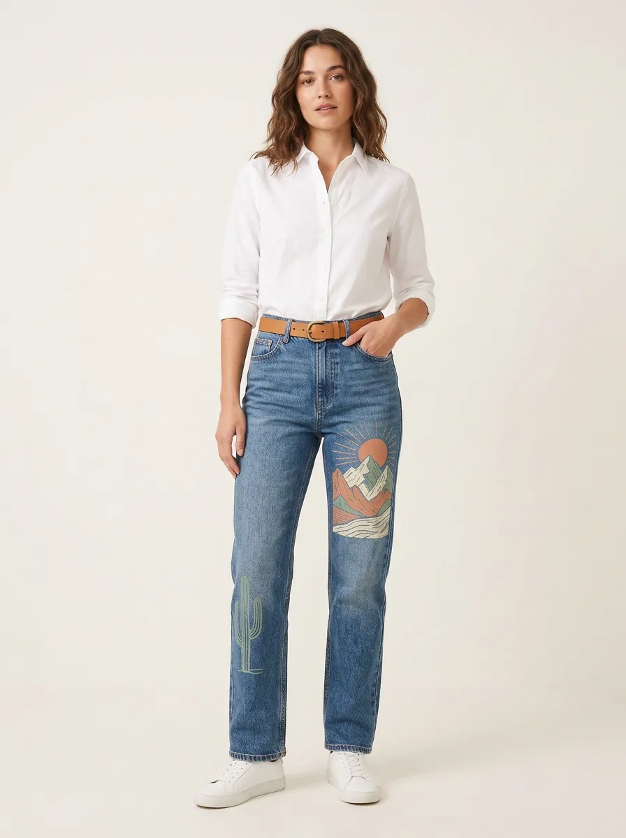 Women's Desert Nature Lover Mountain Cactus Printed Straight Jeans