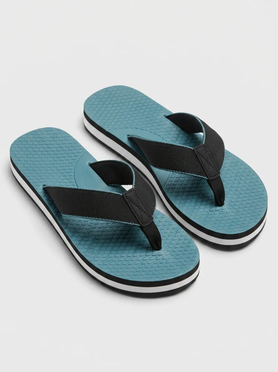 Men's Summer Beach Textured Teal Black Strap Flip Flops