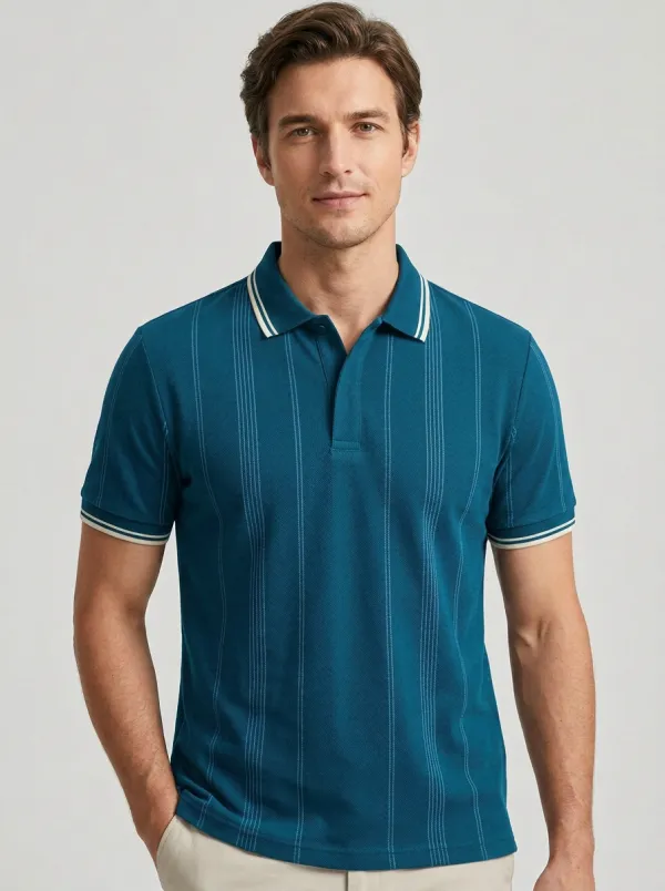 Men's Vintage Style Navy Blue Vertical Striped Polo Shirt