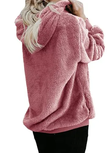 Womens Full Zip Up Sherpa Hoodie Fuzzy Fleece Jacket Oversized Fluffy Coat with Pockets
