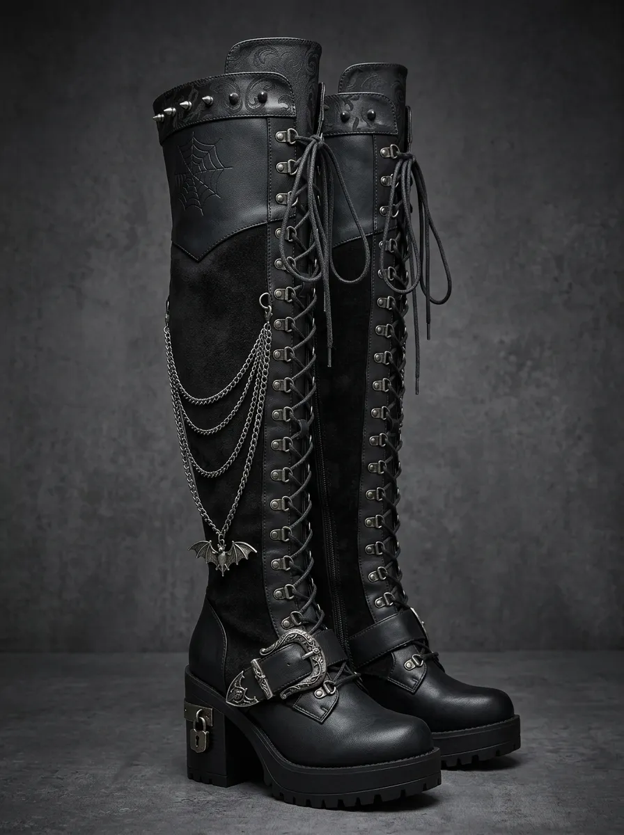 Classic Gothic Bat Spiderweb Chain Punk Look Women's Gothic Platform Boots