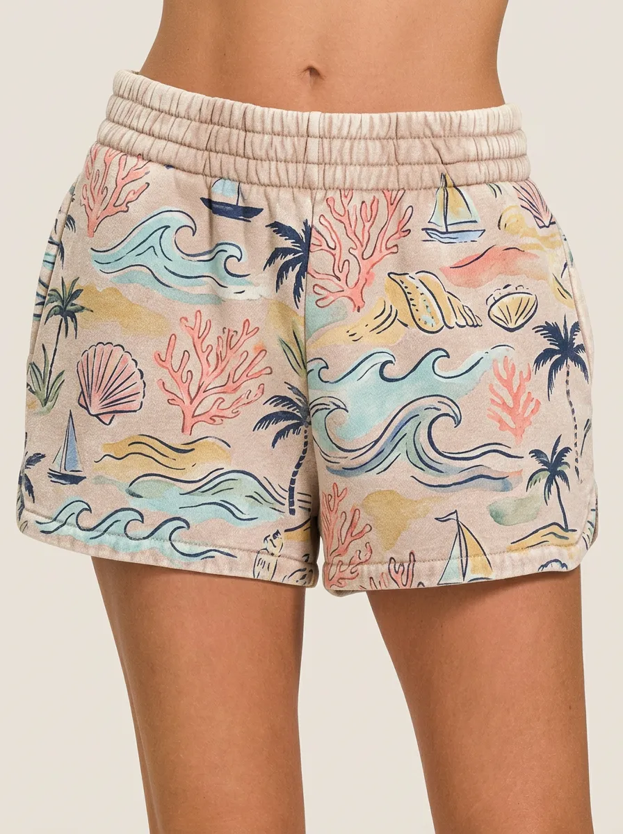 Women's Coastal Ocean Coral Shell Palm Tree Graphic Shorts
