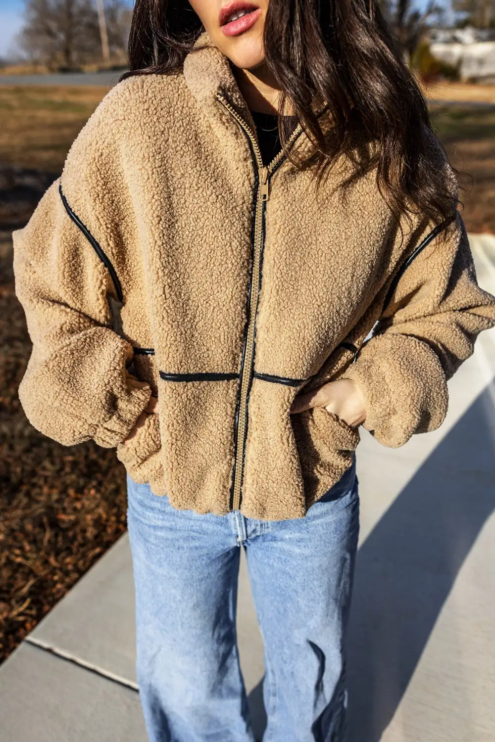 Women's Drop Shoulder Collar Long Sleeve Fleece Regular Fit Jacket