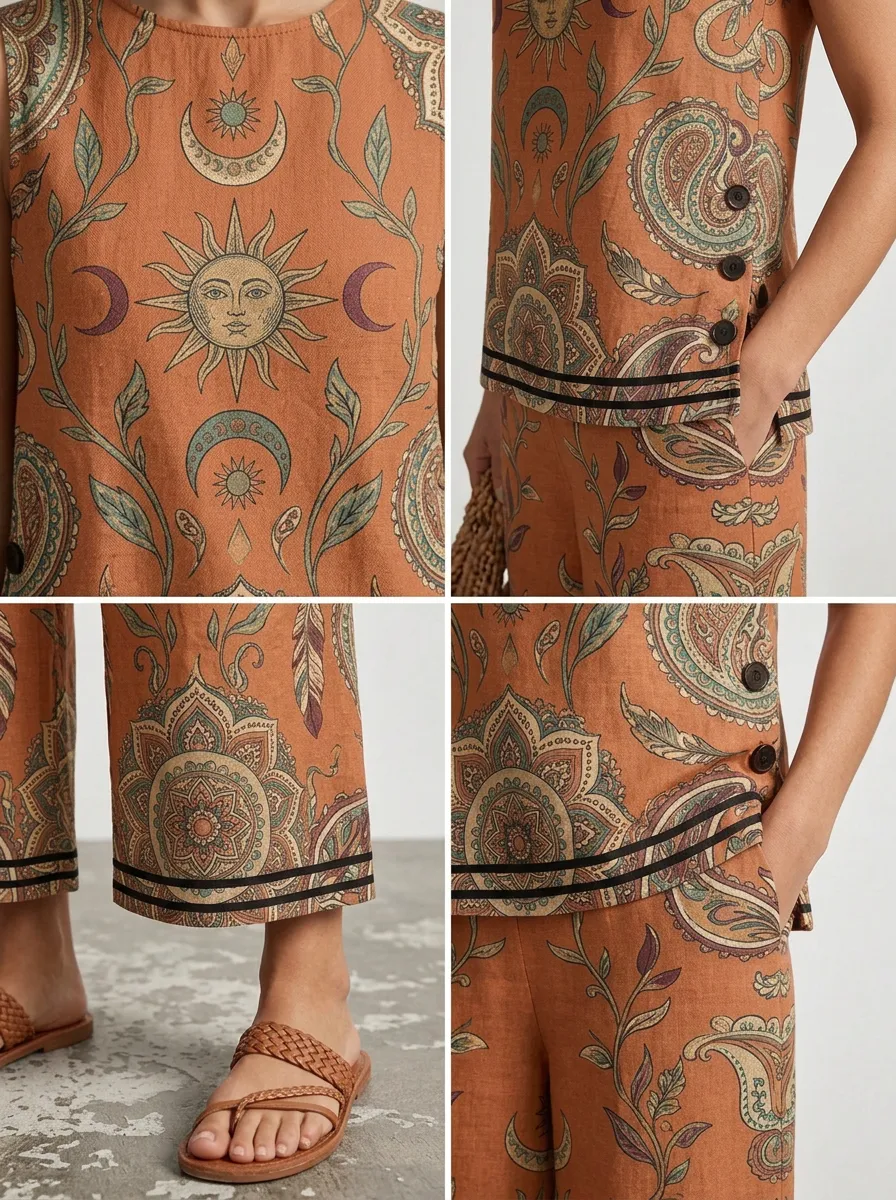 Women's Boho Celestial Sun Moon Paisley Printed Sleeveless Set