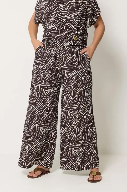 Brown Zebra Crinkle Wide Leg Trousers
