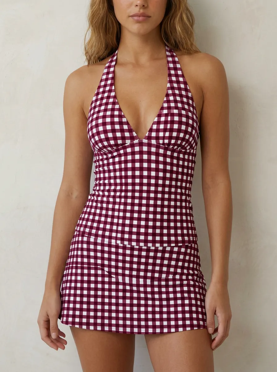 Women's Summer Beachwear Burgundy Gingham Printed Swimsuit Set