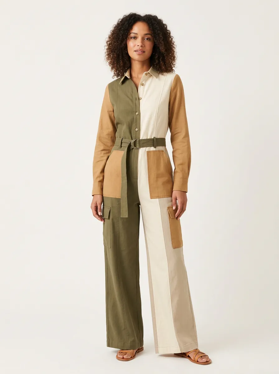 Women's Casual Earth Tone Colorblock Belted Cargo Jumpsuit