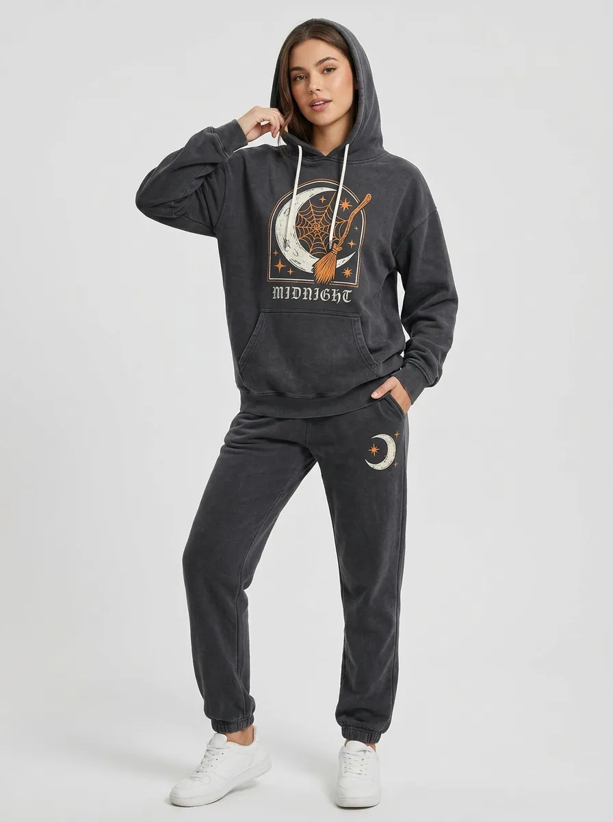 Women's Halloween Midnight Moon Broom Spiderweb Printed Jogger Set