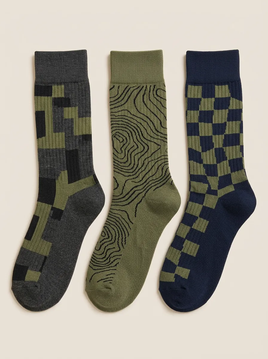 Men's Topographic Lines Checkerboard Three-Pair Crew Socks