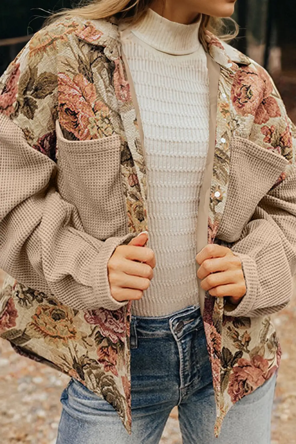 Women's Floral Waffle Knit Patchwork Chest Pockets Buttoned Jacket