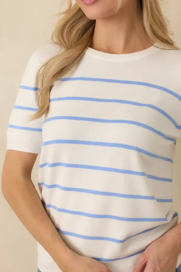 Short-Sleeve Striped Denim Ribbed Sweater