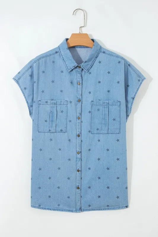 Double Chest Pocket Short-Sleeve Denim Shirt