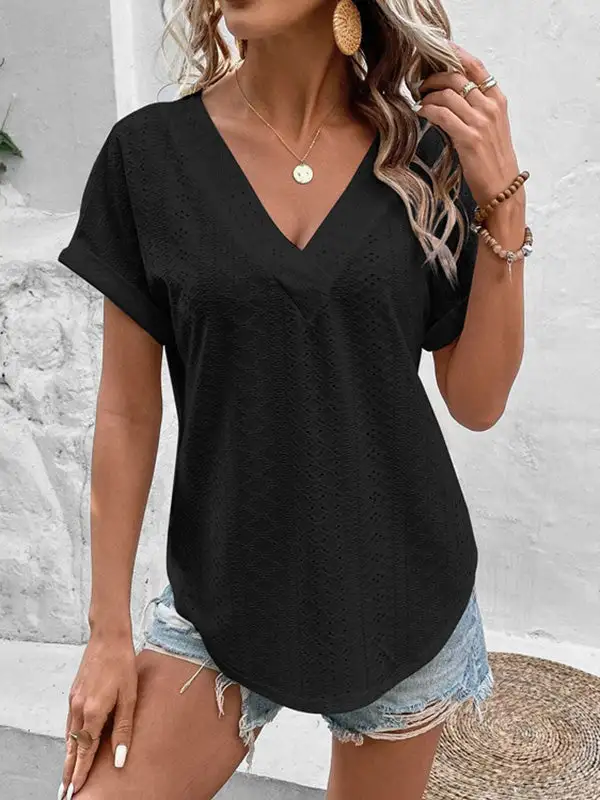 Relaxed Short Sleeve Cutout Panel Detail V-Neck T-Shirt