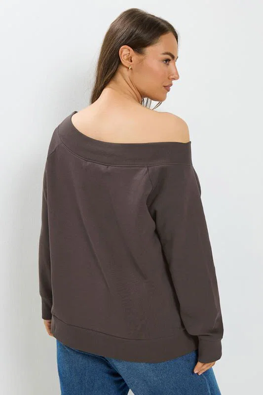 Chocolate Brown Off Shoulder Ribbed Sweatshirt detail 3