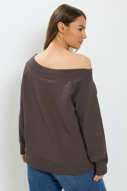 Chocolate Brown Off Shoulder Ribbed Sweatshirt