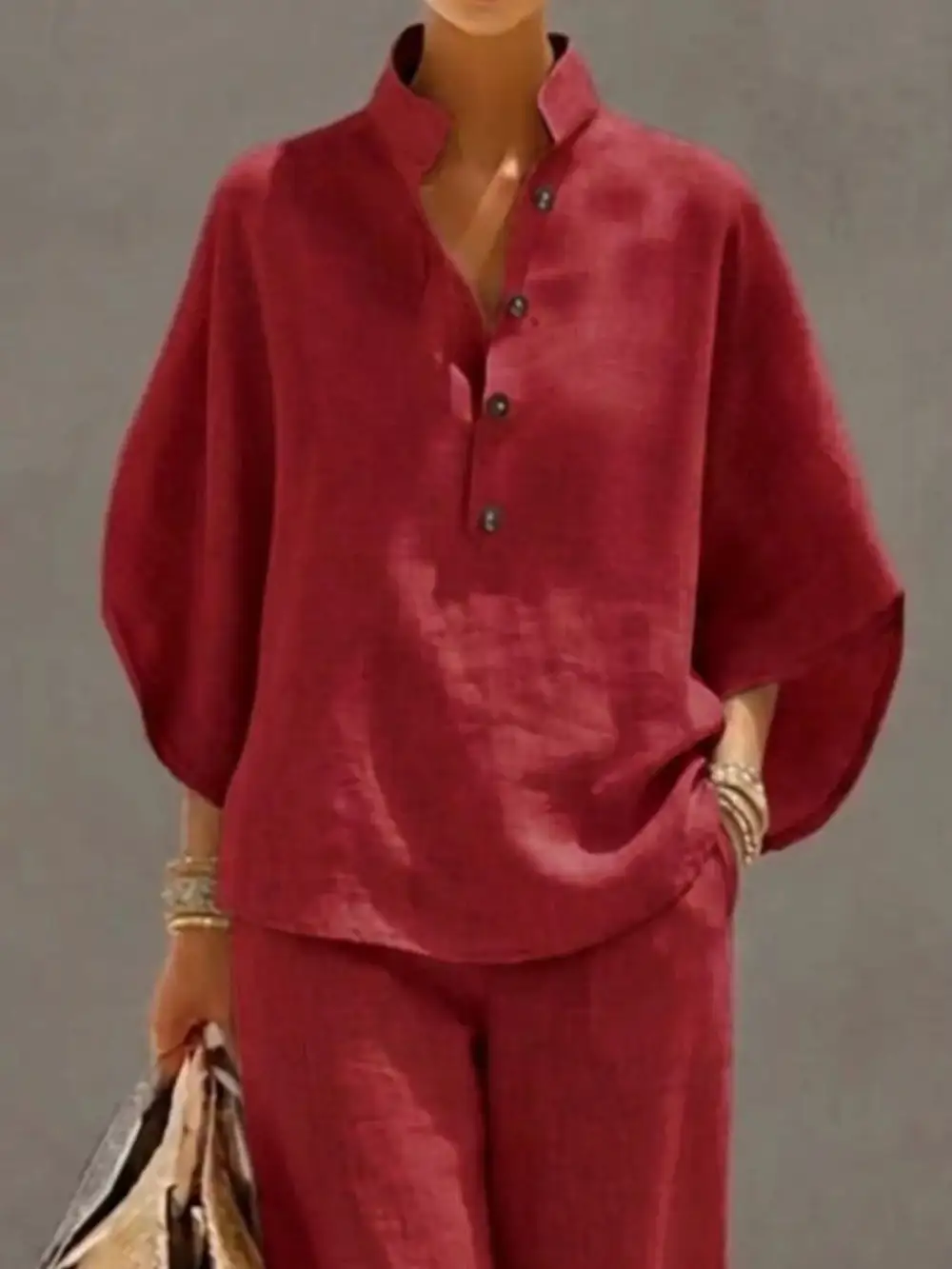 Full Size Button Detail Sleeve Top and Pants Set Plus Size