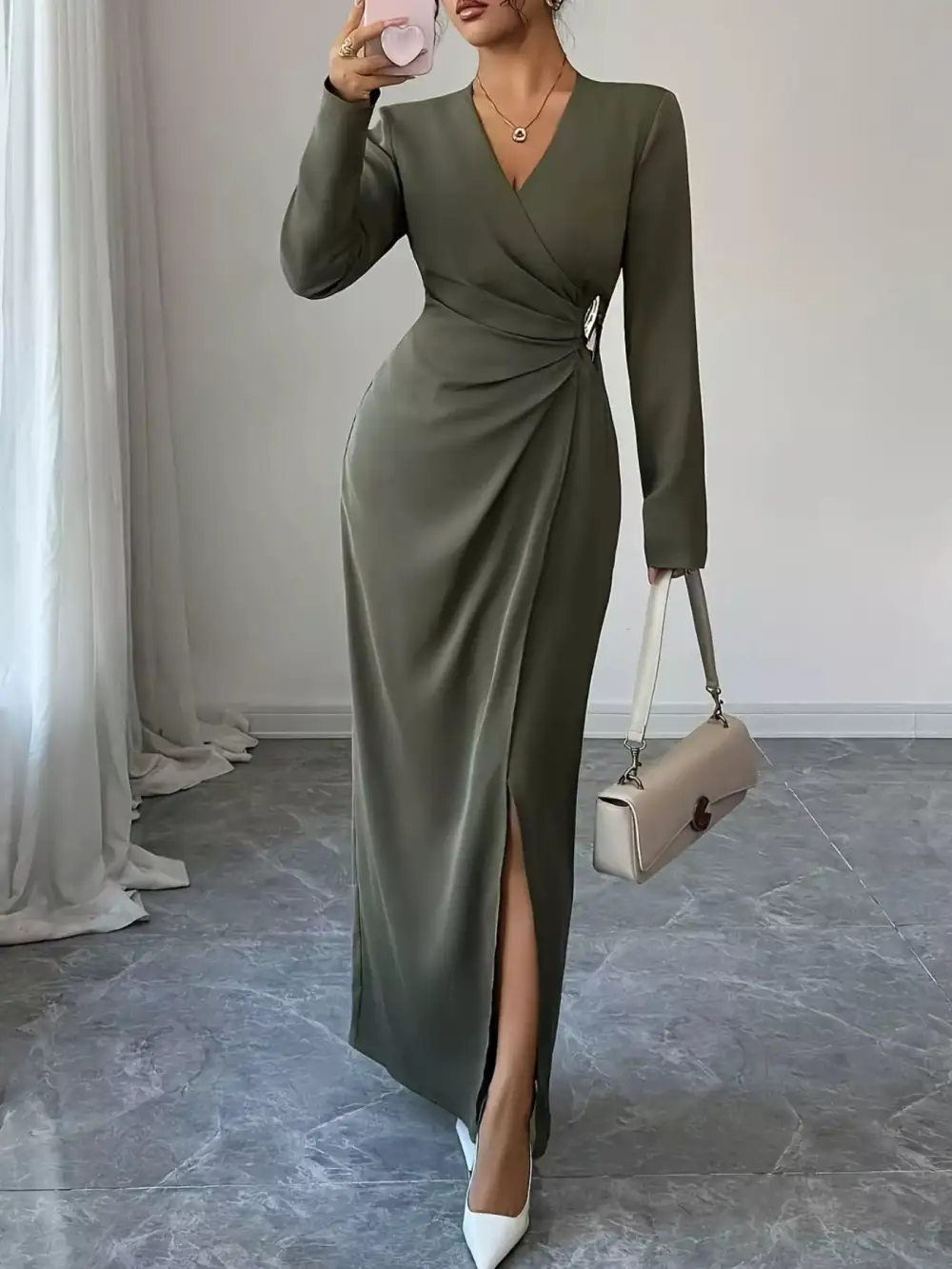Polished Detail Slit Long Sleeve Maxi Dress