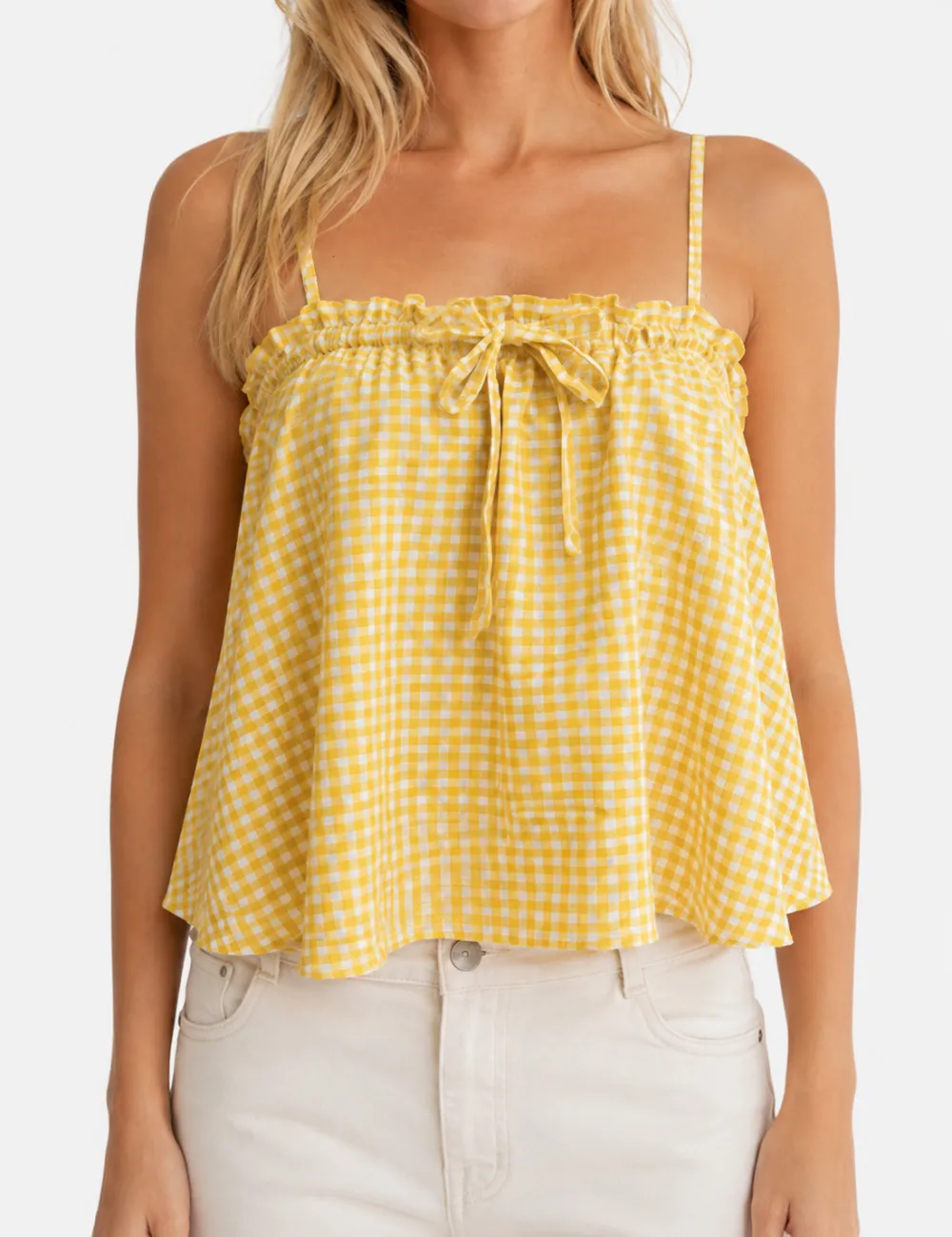 Gingham Drawstring Neck Ruffle Cami Top