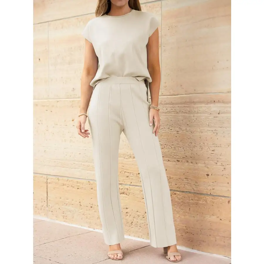 Round Neck Cap Sleeve Top and Pants Knit Set