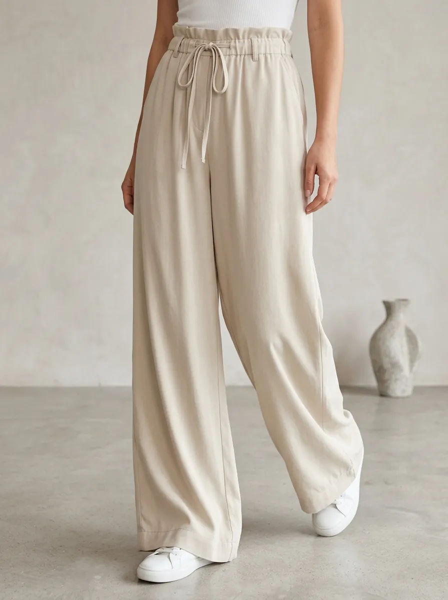 Wide-Leg High-Rise Drawstring Casual Wide Leg Pants