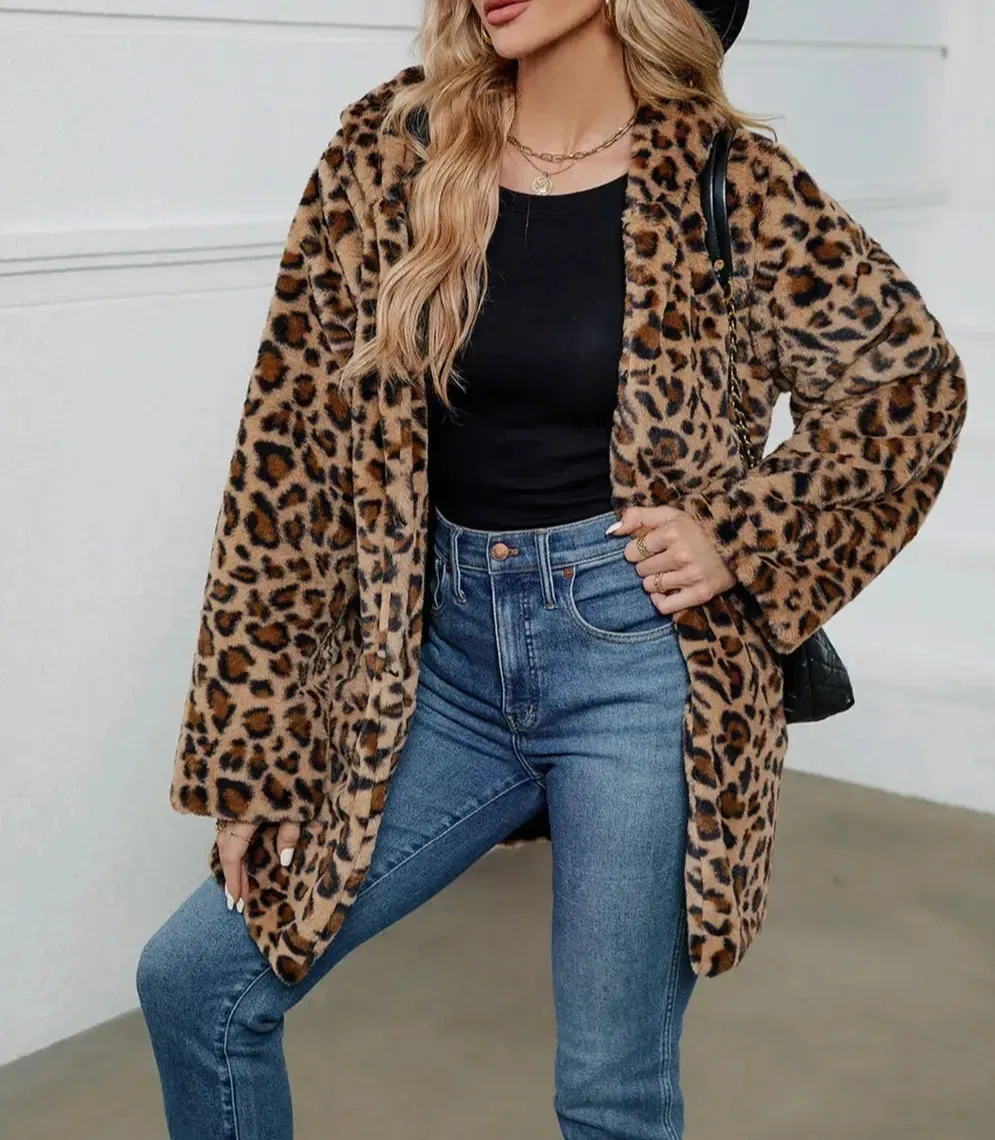 Plush Leopard Print Hooded Casual Jacket