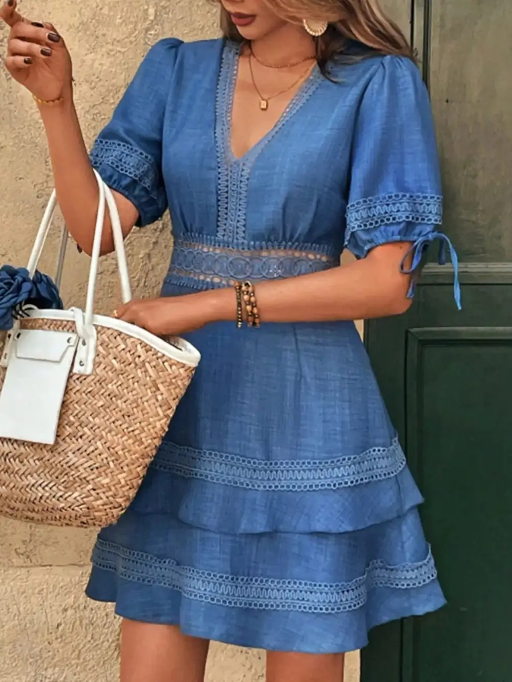 Modern Everyday Lace Detail V-Neck Mini Dress