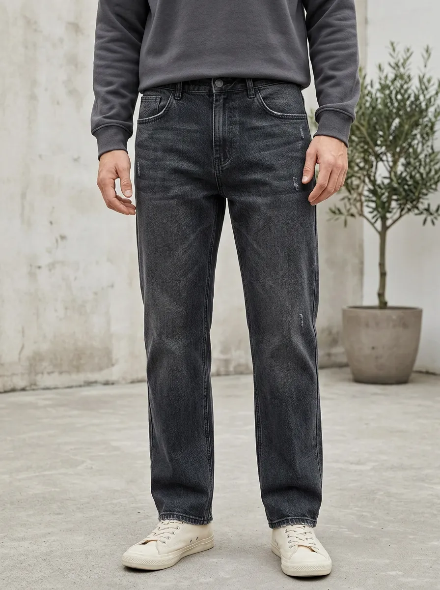 Men's Vintage Washed Distressed Black Straight Leg Jeans