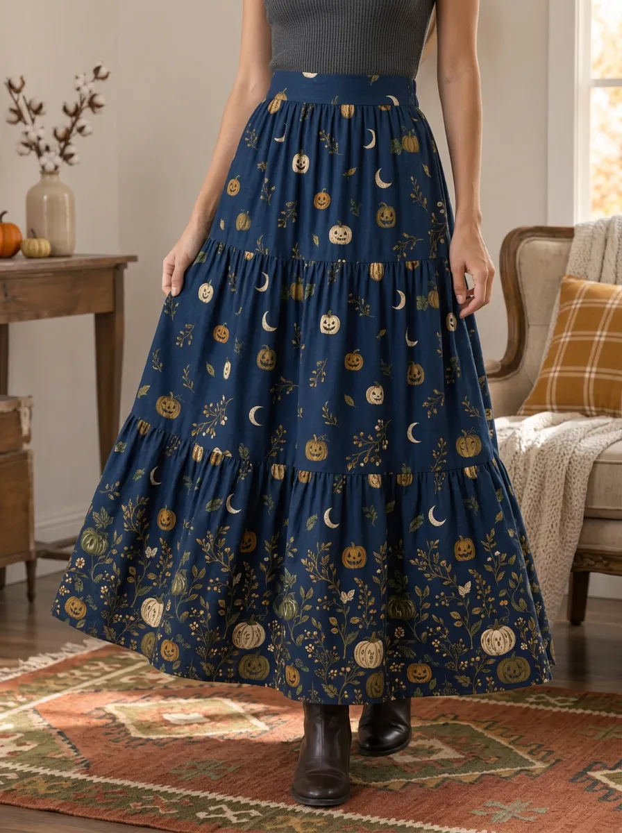Women's Halloween Pumpkin Moon Floral Printed Tiered Maxi Skirt