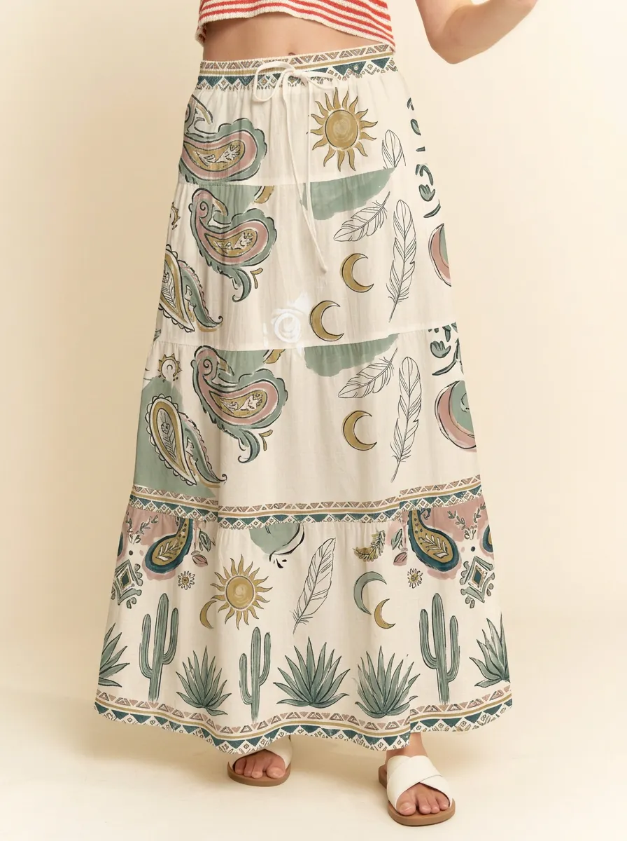 Women's Celestial Boho Paisley Cactus Graphic Maxi Skirt