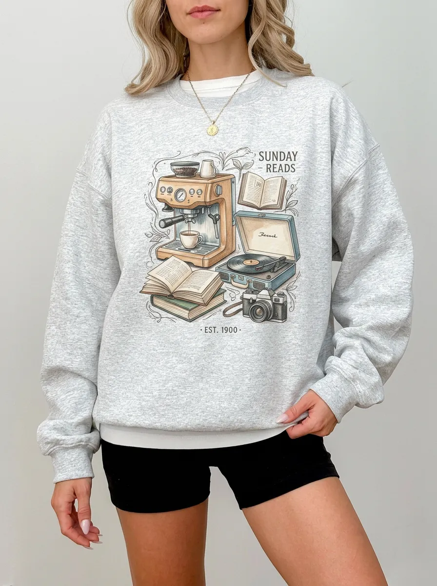 Women's Sunday Reads Coffee Book Record Player Graphic Sweatshirt