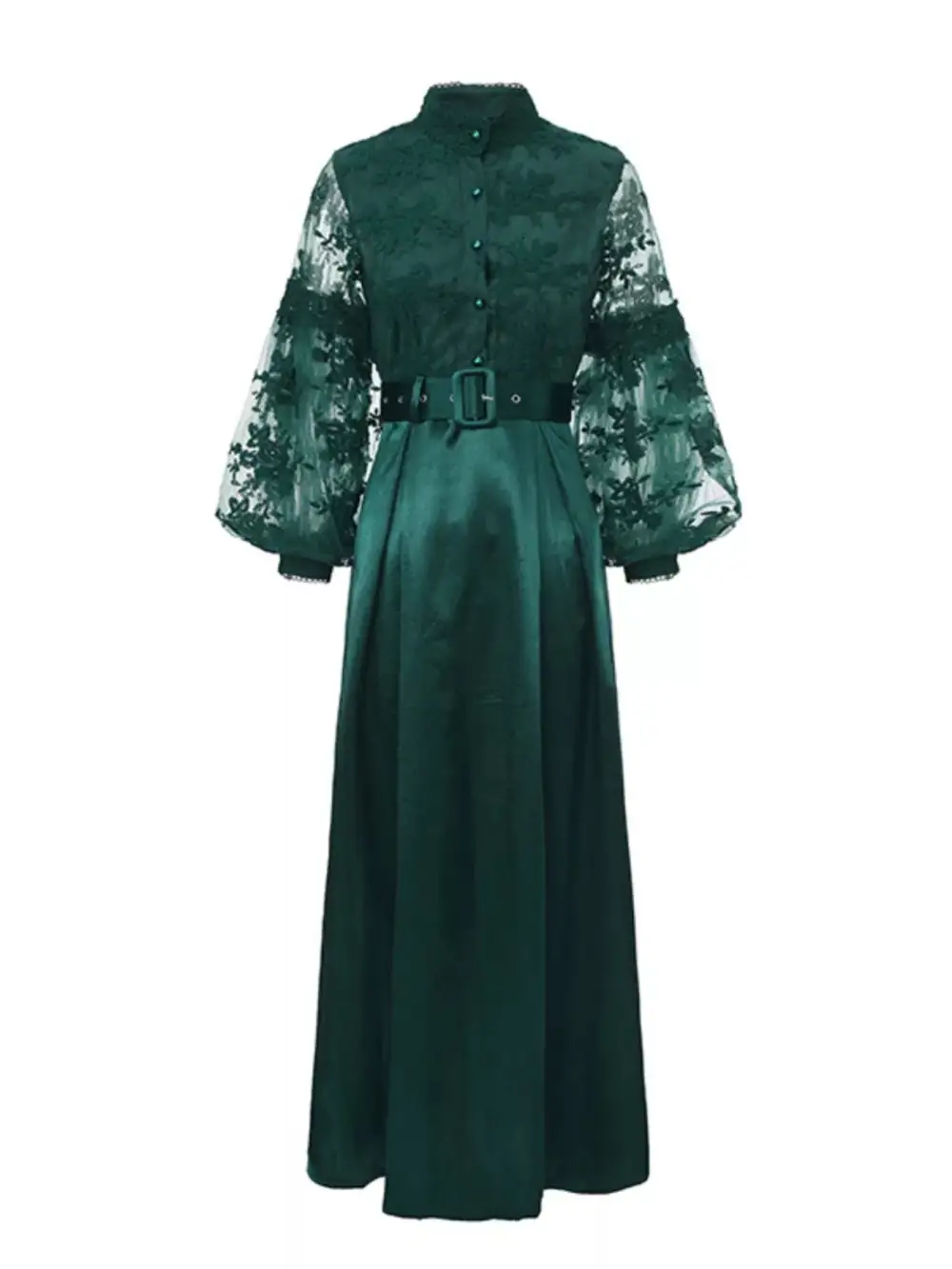 Lace Lantern Sleeve Belted Maxi Dress