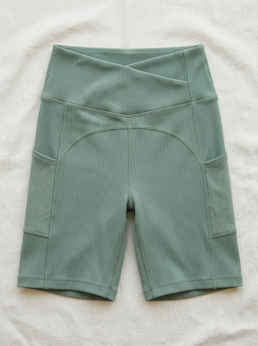 Women's Yoga Fitness Sage Green Ribbed Geometric Pattern Printed Biker Shorts