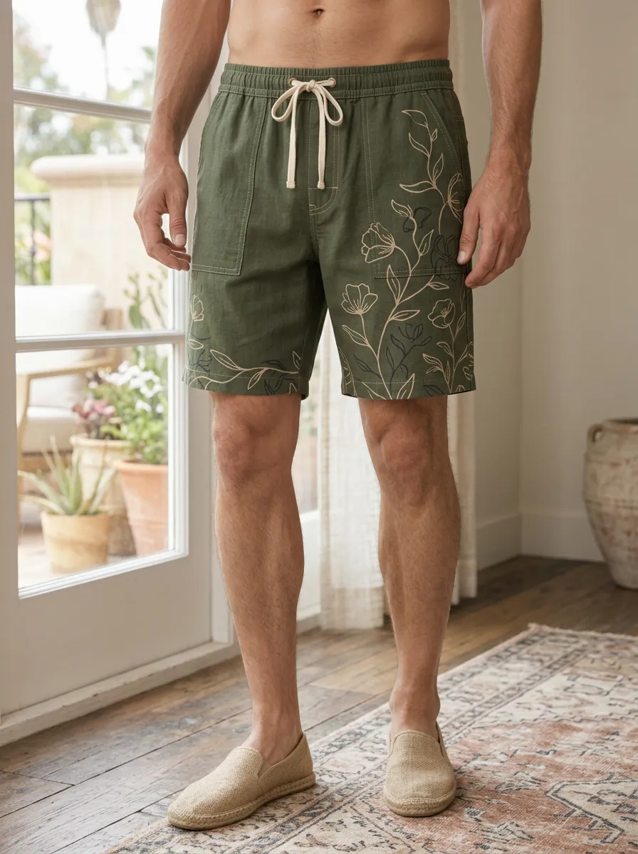 Men's Botanical Floral Line Art Drawstring Shorts