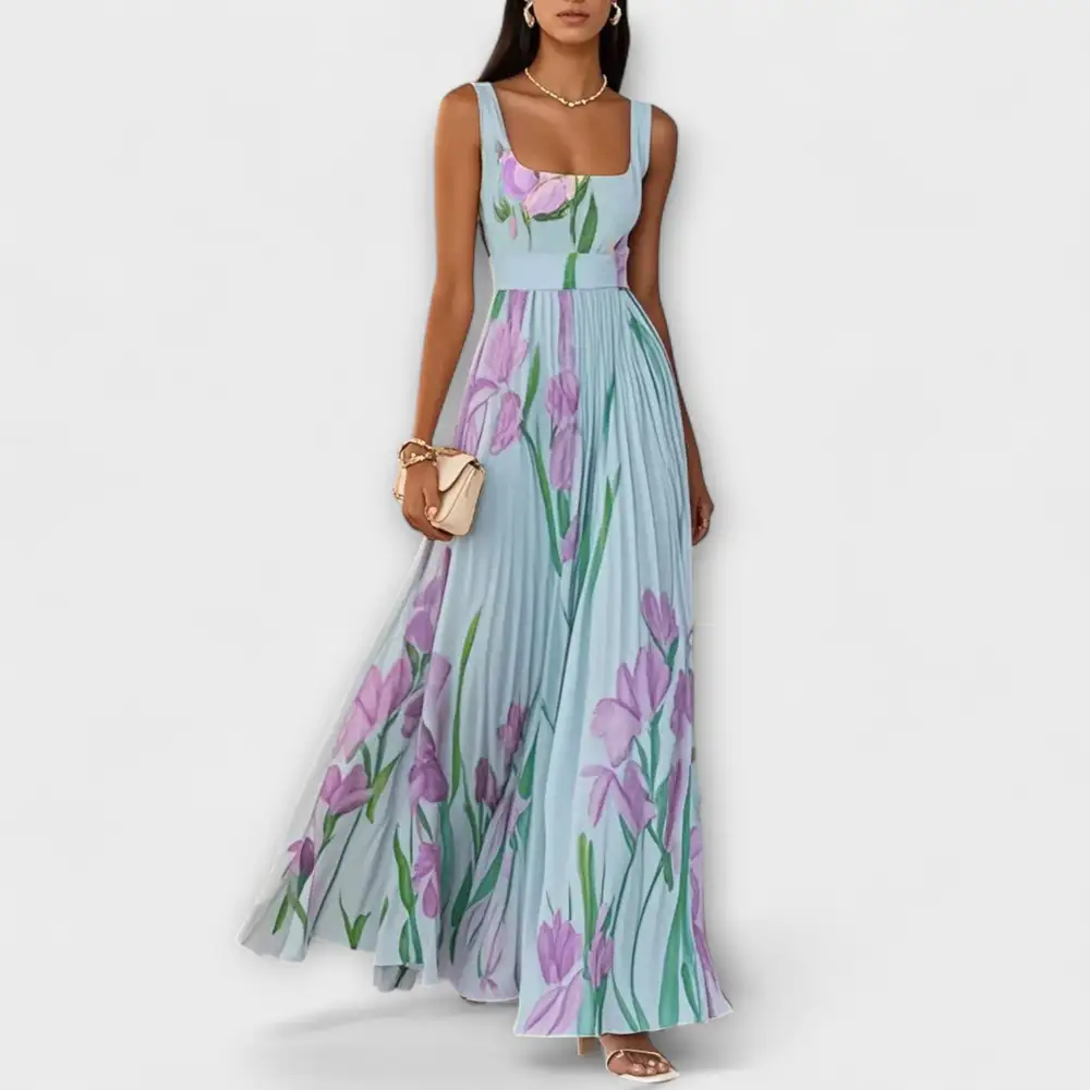 Floral Pleated Chiffon Maxi Dress