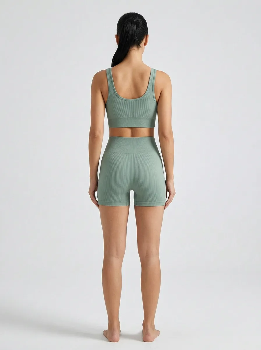 Dynamic Ribbed Texture Seamless Design Design Women's Tank Top And Sports Shorts Set