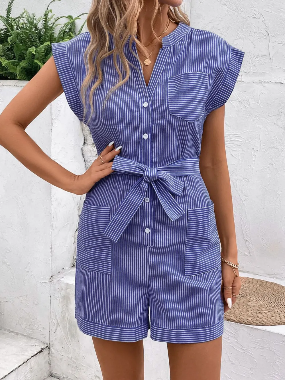 Notched Tie Waist Romper