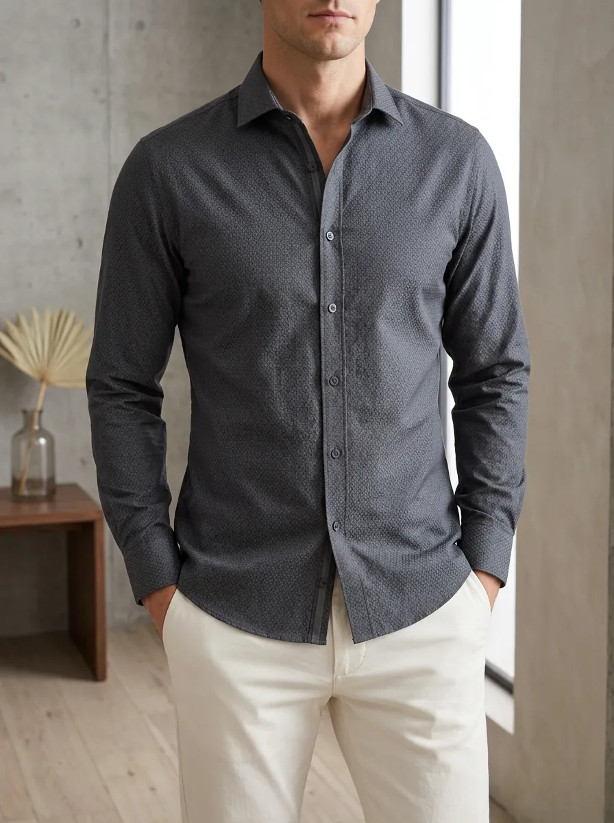 Men's Polished Geometric Long Sleeve Slim Fit Shirt