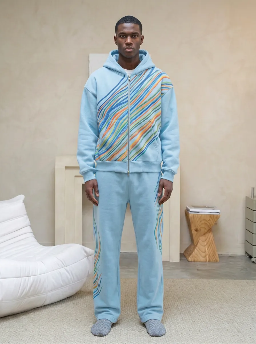 Men's Abstract Wave Pattern Printed Zip-up Hoodie Sweatsuit Everyday Design