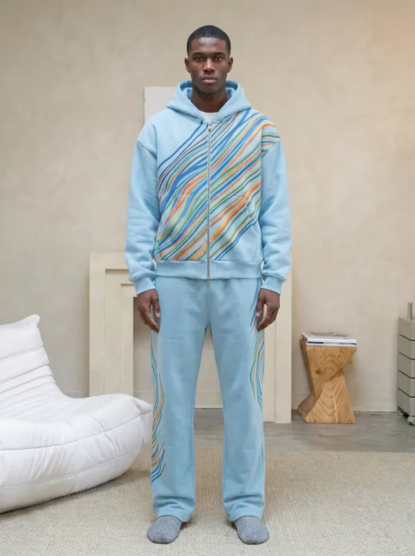Men's Abstract Wave Pattern Printed Zip-up Hoodie Sweatsuit Everyday Design