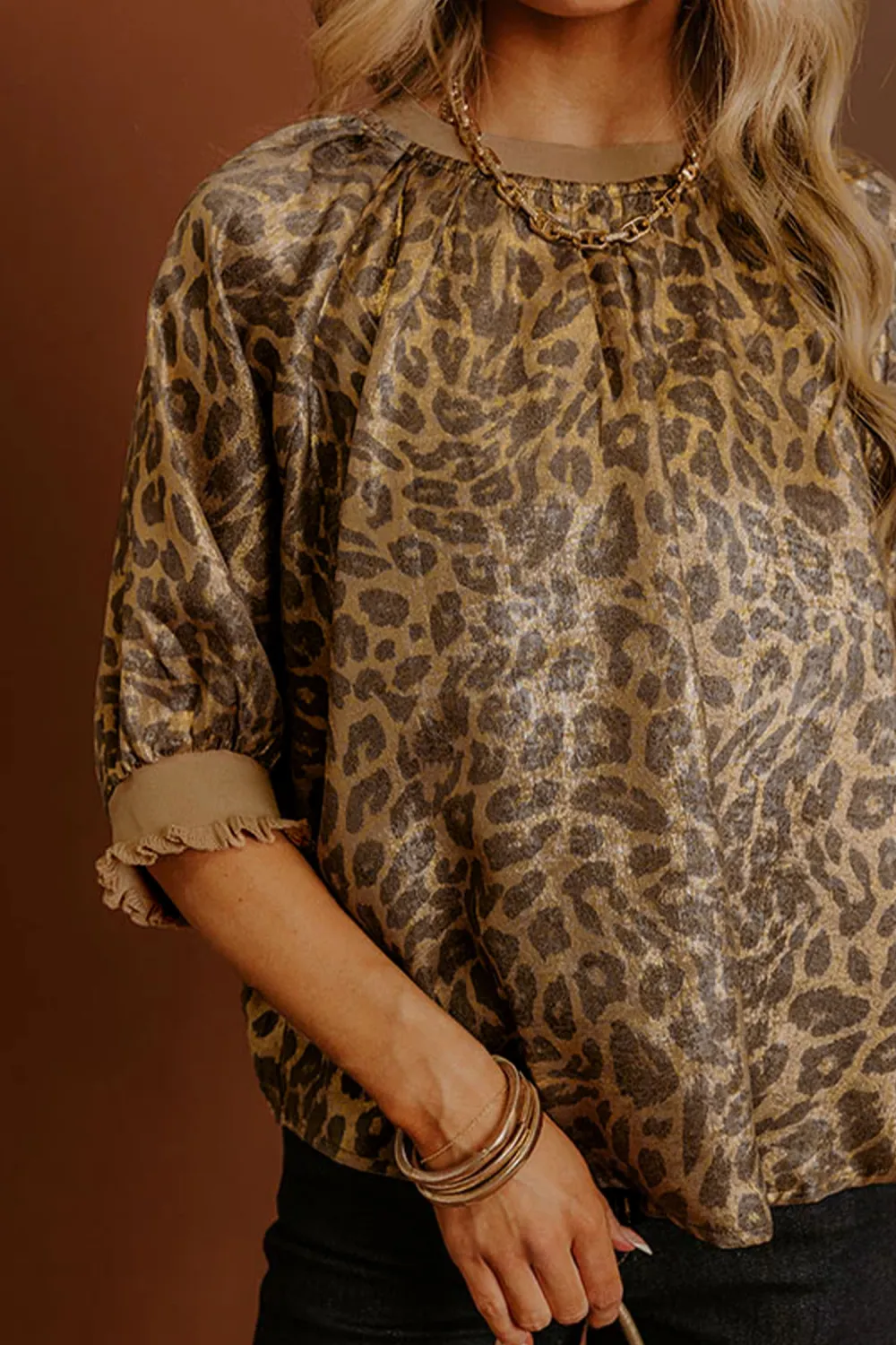 Gold Half Sleeve Metallic Leopard Blouse