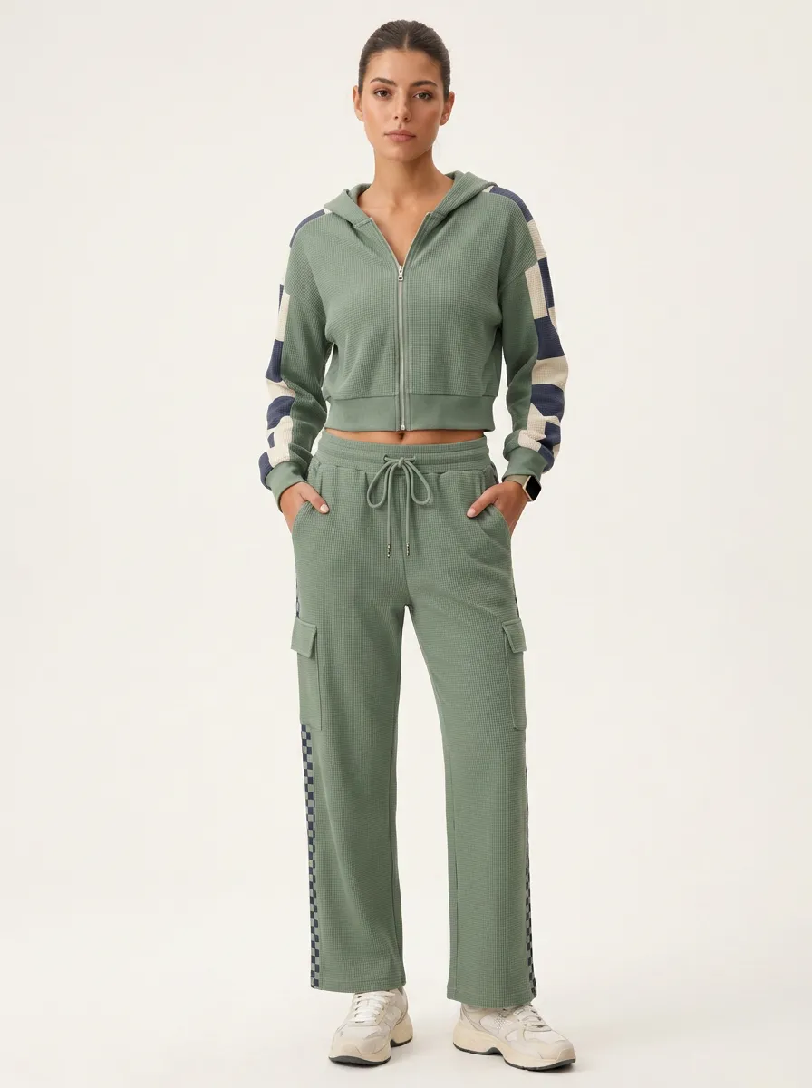 Women's Casual Sporty Checkerboard Printed Waffle Knit Tracksuit