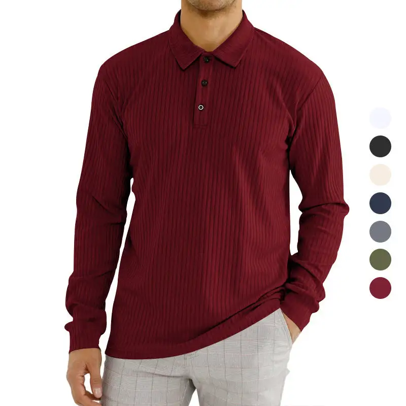 Ribbed Elastic Hem Long Sleeve Polo Shirt