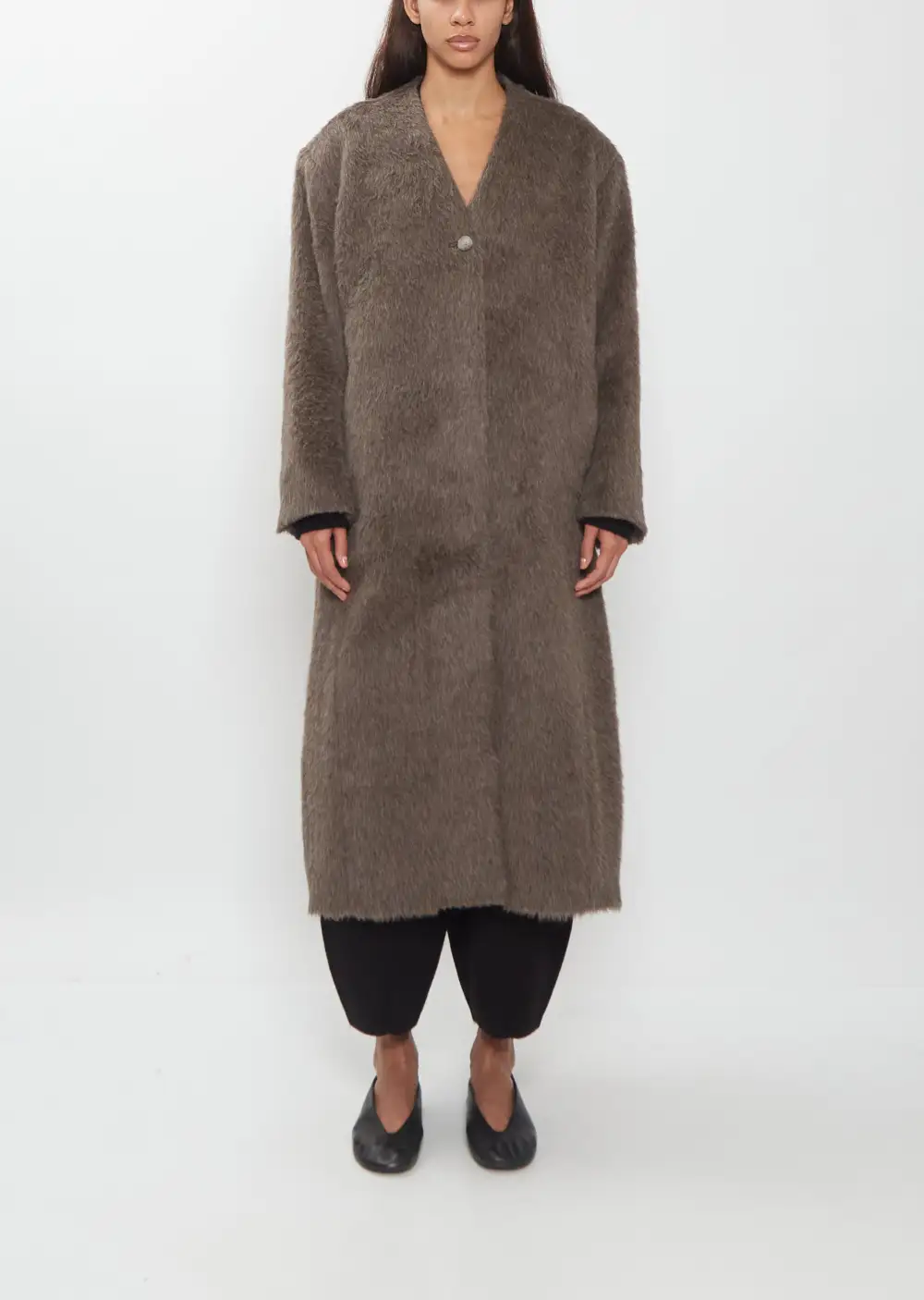 Women's Collarless Twill Alpaca Coat