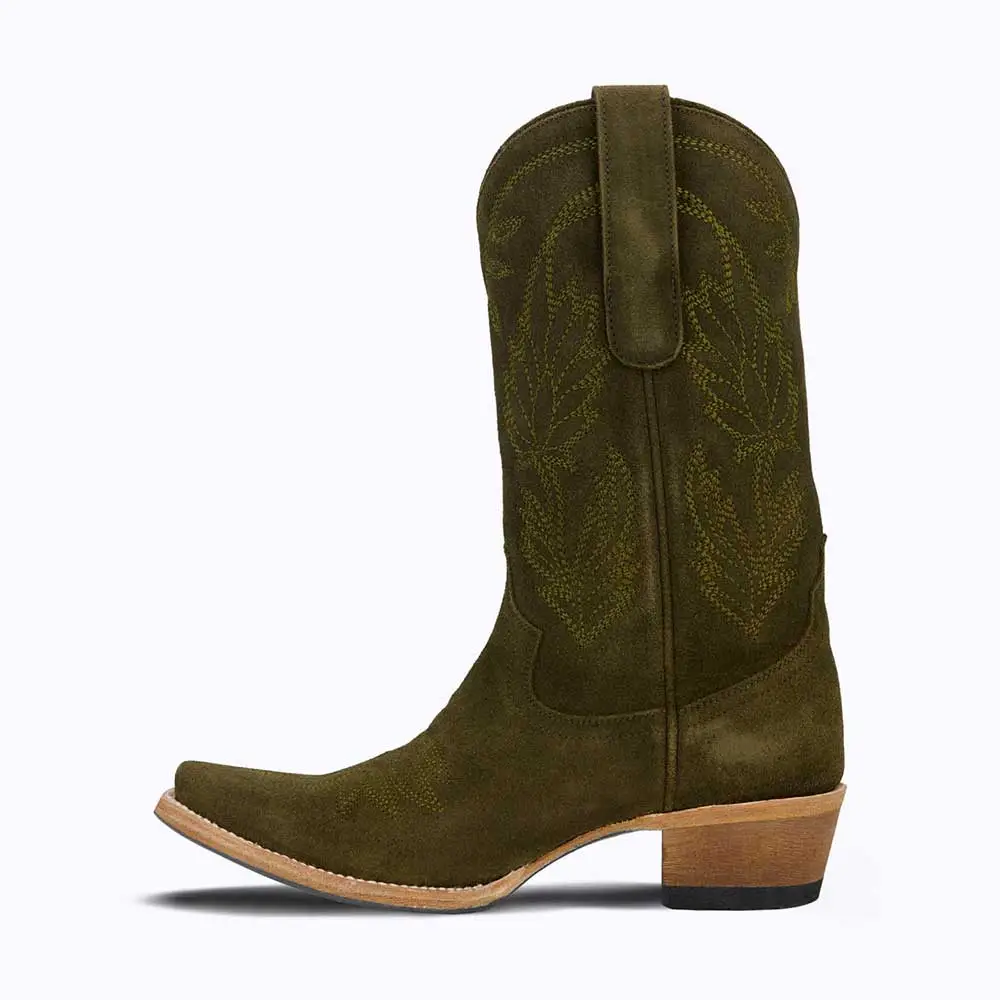 Modern Faux-Suede Embroidered Snip-Toe Chunky-Heel Mid-Calf Boots