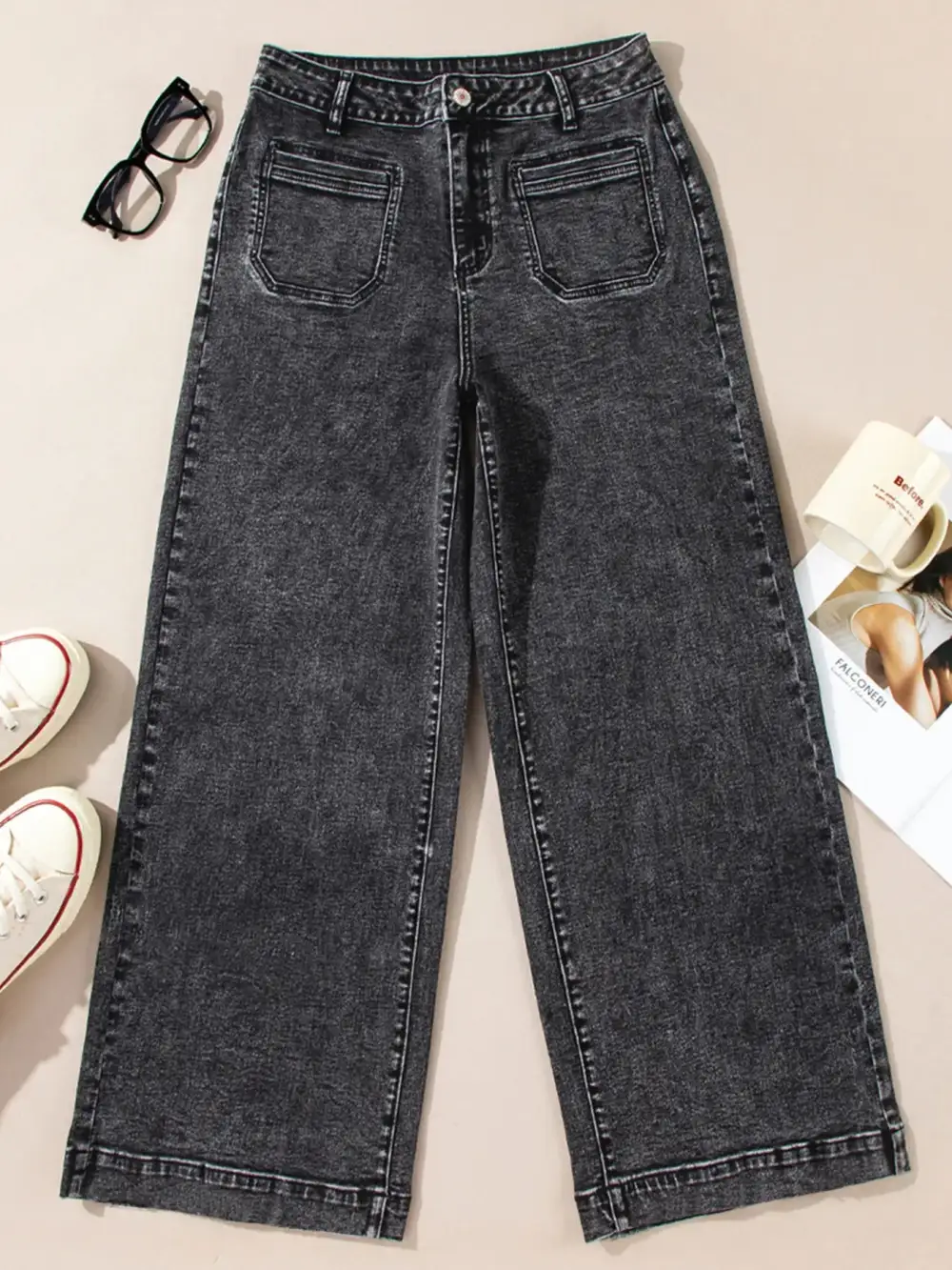 Textured High Waist Wide Leg Washed Denim Jeans