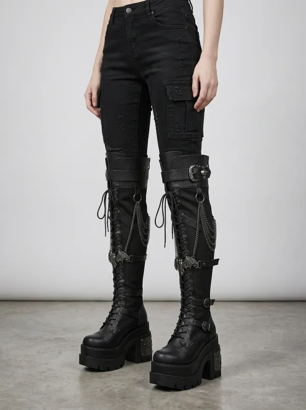 Classic Gothic Bat Wing Chain Detail Women's Gothic Platform Knee High Boots
