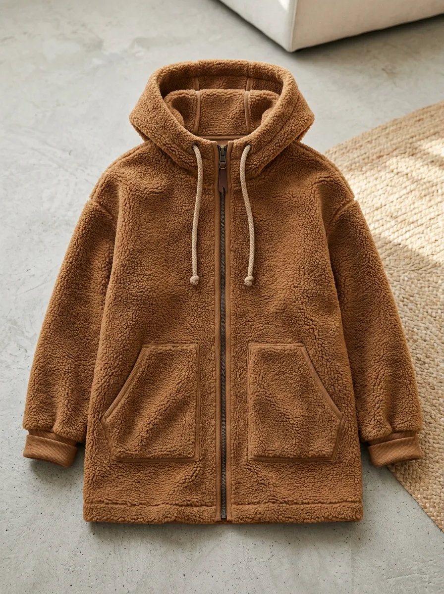 Textured Fleece Zip-Up Hooded Cardigan